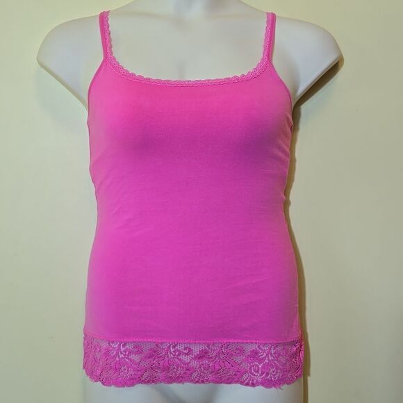Express Y2K Lace Trim Tank Top Size Medium Pink Shelf Bra Barbie Coquette Girlie - Picture 7 of 16